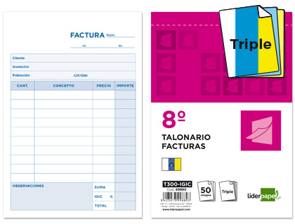 Talonario Liderpapel Facturas 8º natural 50 juegos triplicado con IGIC